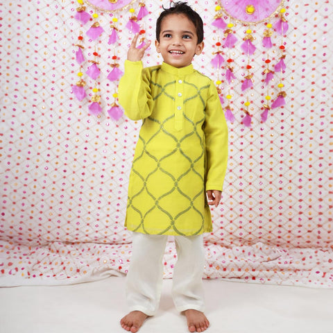 Lime Green Chanderi Kurta With Pajama